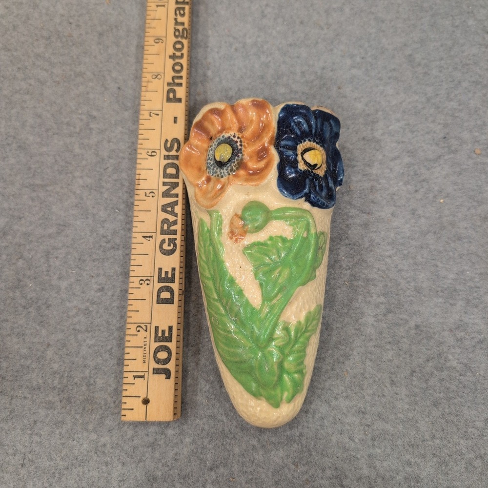 Vintage Japan Ceramic Floral Wall Pocket Vase Embossed Orange Blue Flowers - Picture 4 of 5